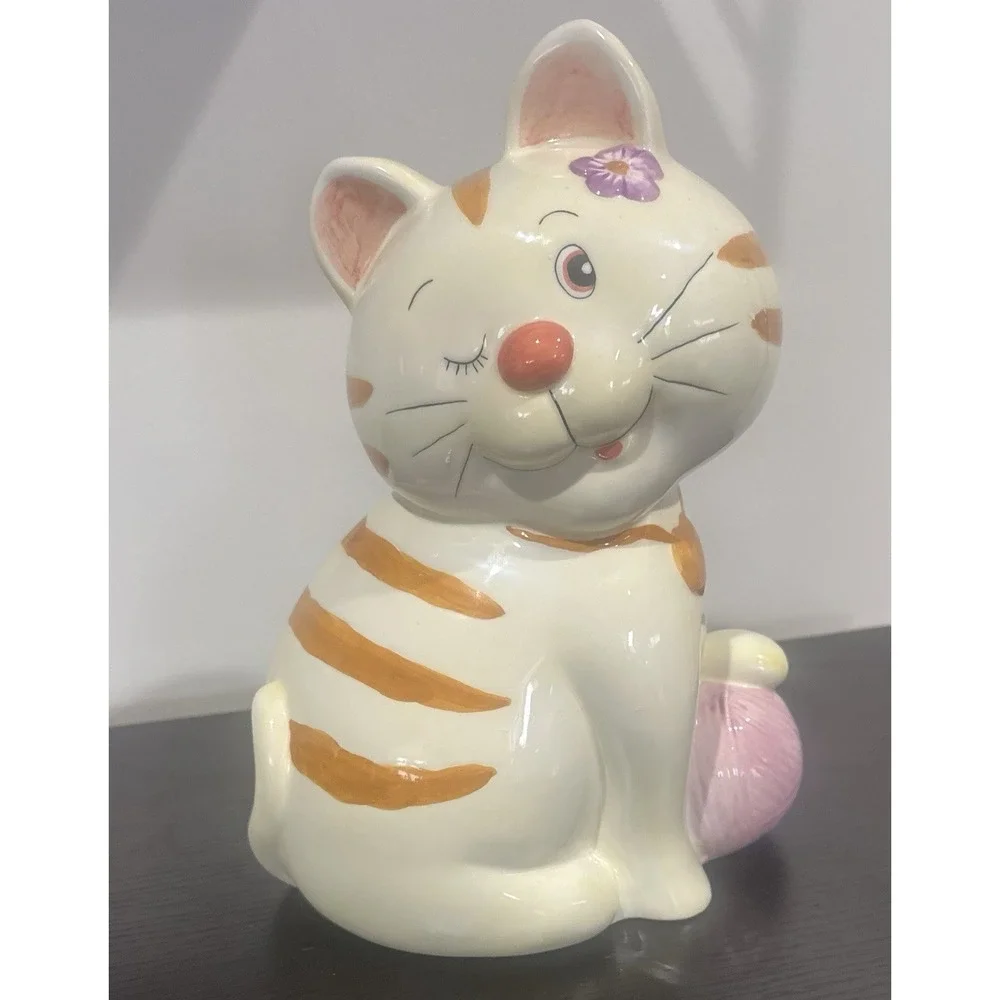 Ceramic Winking Striped Cat Piggy Bank Kitty Kitten Flower Yarn 12